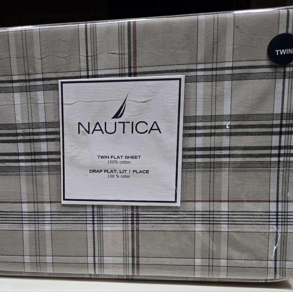 NIP Nautica Flat Sheet Twin Compass Plaid 210 Thread Cotton Beige